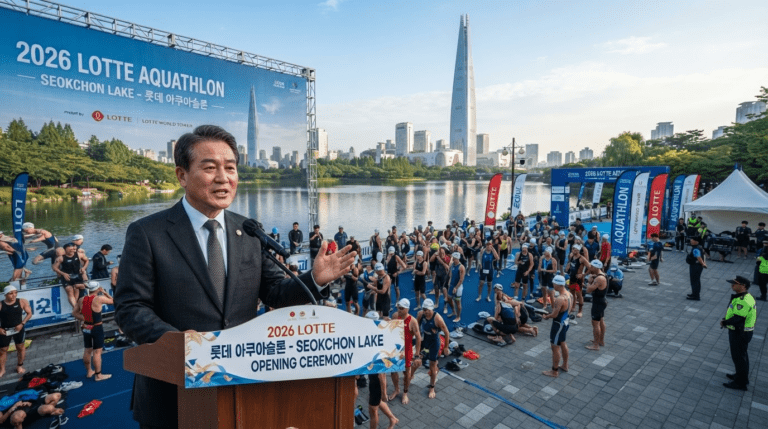 서강석 송파구청장,2026 롯데 아쿠아슬론 축하 인사말 전달 현장|송파구청 공식 행사