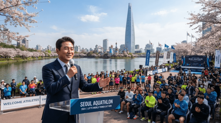 2026 롯데 아쿠아슬론 대회 개막 행사에서 롯데물산 장재훈 대표가 참석자를 향해 환영사를 전하는 모습